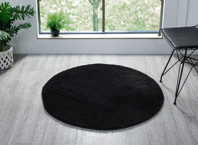  - Comfy Washable Low Pile Living Room Area RugAnti-Slip Felt Backing Black 100Cm Diameter