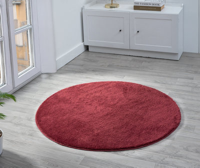  - Comfy Washable Low Pile Living Room Area RugAnti-Slip Felt Backing Red 100Cm Diameter