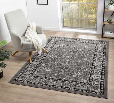 B&Q Obsidian Modern Low Pile Area Rug - Classical Traditional Design 200Cm X 290Cm Grey