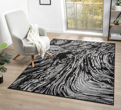 B&Q Grey Obsidian Modern Low Pile Area Rug - Whirlpool Design X 290Cm 200Cm