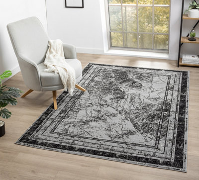  - Obsidian Modern Low Pile Area RugFrame Abstract Design Grey 160Cm X 230Cm