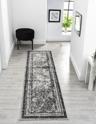 B&Q Obsidian Modern Low Pile Area Rug - Frame Abstract Design 60Cm X 220Cm Grey
