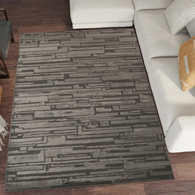 B&Q Hamilton Modern Sheen Area Rug - Blocked Bold Geometric Design 80Cm X 150Cm Dark/Grey