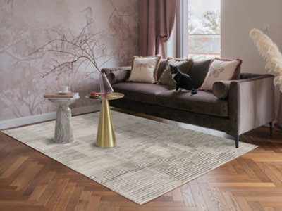 B&Q Mayfair Living Room Area Rug Metallic Sheen Contemporary Modern Matrix Design - Stone X 170Cm 120Cm