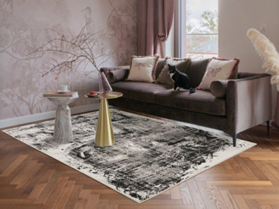 B&Q Black Mayfair Living Room Area Rug Metallic Sheen Contemporary Modern Canvas Design - X 230Cm 160Cm