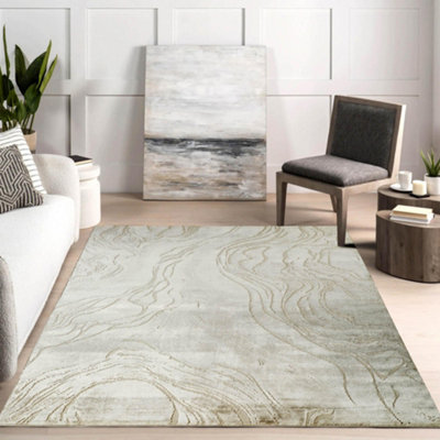 Novu Modern Abstract Living Room Area Rug Metallic Sheen- Stream Beige 120Cm X 170Cm from B&Q
