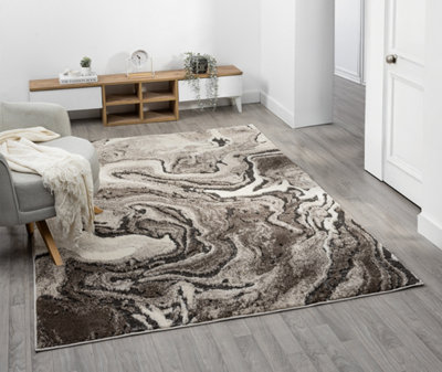 B&Q Eleanor Modern Embossed Contemporary Living Room Area Rug - Marble Design,Mocha,120 X 170 Cm Grey