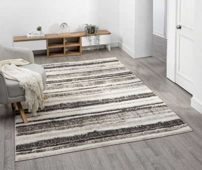 B&Q Eleanor Modern Embossed Contemporary Living Room Area Rug - Striped Design,Mocha,80 X 150 Cm Grey