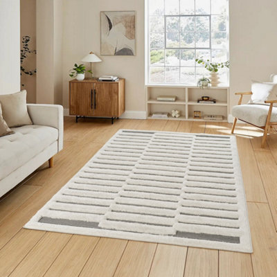 B&Q Cream Freya Living Room Area Rug Contemporary 3D Embossed Modern Stripe Bar Design - X 290Cm 200Cm