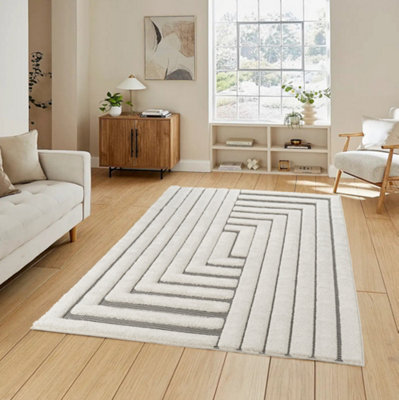 B&Q Cream Freya Living Room Area Rug Contemporary 3D Embossed Modern Merge Line Design - X 230Cm 160Cm