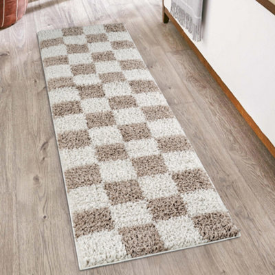 Chester Living Room Shaggy Area Rug ModernContemporary Checkered DesignHallway Runner Indoor Rug Beige 60X220 Cm from B&Q