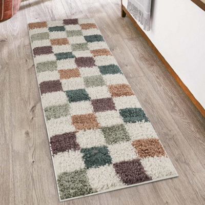 Chester Living Room Shaggy Area Rug ModernContemporary Checkered DesignHallway Runner Indoor Rug Multi 60X220 Cm from B&Q