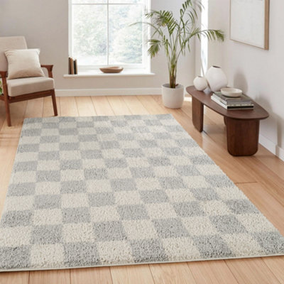 B&Q Grey Chester Living Room Shaggy Area Rug Modern - Contemporary Checkered Design - Hallway Runner Indoor Rug 120X170 Cm