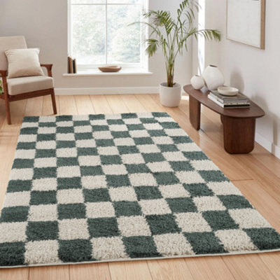 B&Q Chester Living Room Shaggy Area Rug Modern - Contemporary Checkered Design - Hallway Runner Indoor Rug Jade 120X170 Cm Green