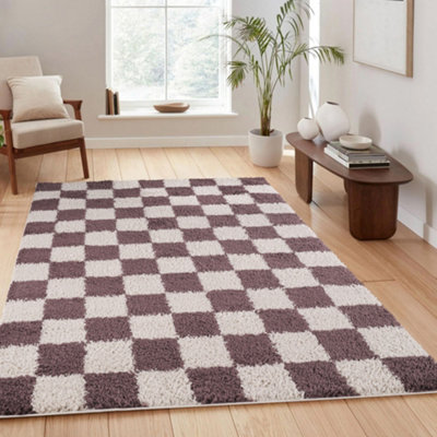 B&Q Lilac Chester Living Room Shaggy Area Rug Modern - Contemporary Checkered Design - Hallway Runner Indoor Rug 160X230 Cm