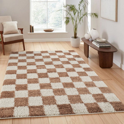 Chester Living Room Shaggy Area Rug ModernContemporary Checkered DesignHallway Runner Indoor Rug Terracotta 200X290 Cm from B&Q