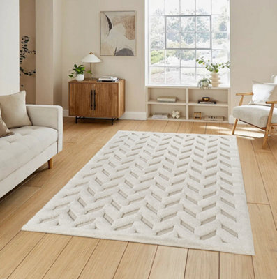 B&Q Cream Freya Living Room Area Rug Contemporary 3D Embossed Modern Herringbone Design - X 290Cm 200Cm