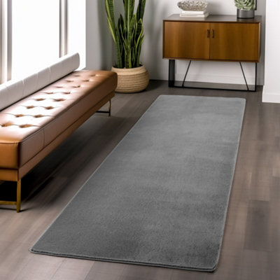 Snuggly Washable Low Pile Living Room Area Rug  Anti Slip Felt Backing Anthracite 60 X 200 Cm (Runner) from B&Q