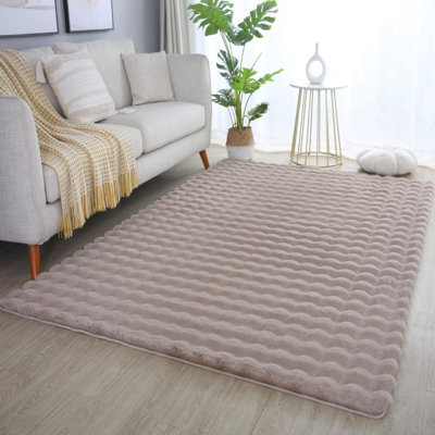 Orbie Washable Low Pile Super Soft Living Room Area Rug Machine Carved Ridge-Furrow Design Beige 60 X 100 Cm from B&Q