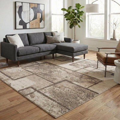  - Rhodes Modern Living Room Contemporary Area Rug Easy Simple Geometric Patterned Rugs Sketch DesignBeige 200 X 290 Cm