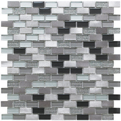 Platinum Lancer Glass/metal Mix Mini Brick Mosaic 15X30mm from B&Q