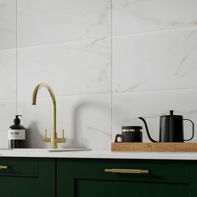  - Beatrice White & Gold Matt Marble Effect Ceramic Indoor Wall TilePack Of 8(L)600mm (W)300mm