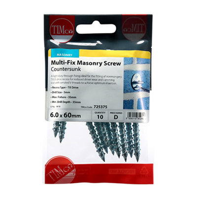 10 Pieces-Timco Masonry Screws Countersunk Silver6.0 X 60 from B&Q