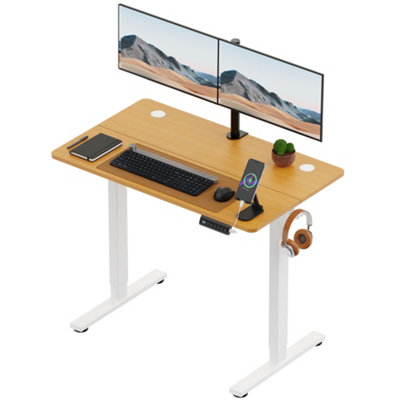 Vonhaus Electric Standing Desk, Height Adjustable Sit Stand Desk W/Usb-C Charging & Cable Management, Wooden Desktop & Frame White