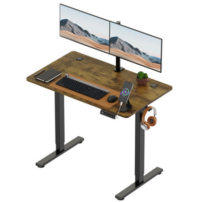 Vonhaus Electric Standing Desk, Height Adjustable Sit Stand Desk W/Usb-C Charging & Cable Management, Rustic Desktop & Frame Black