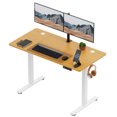 Vonhaus Electric Standing Desk, Height Adjustable Sit Stand Desk W/Usb-C Charging & Cable Management, Wooden Desktop & Frame White