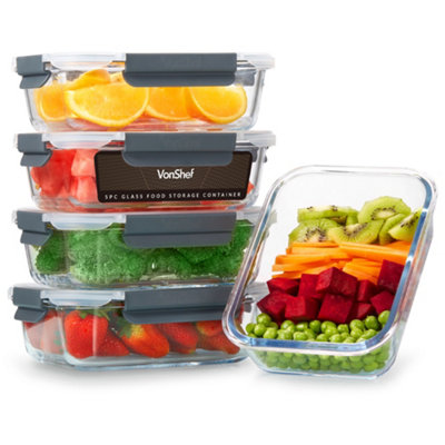 Vonshef , Glass Containers With Lids, Airtight Piece Meal Prep Food Lunch Boxes 1L Capacities, Oven And Dishwasher Safe Size 5