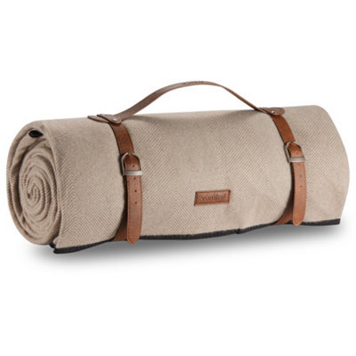 Vonshef Picnic Blanket, Herringbone Extra Large Outdoor Rug With Waterproof Backing, 10 Person Weatherproof Picnic Mat Beige