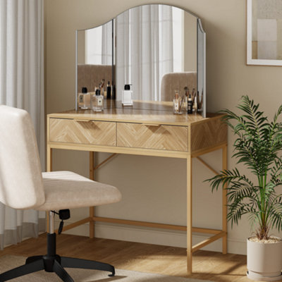 B&Q -  Dressing Table For BedroomHerringbone 2 Drawer Vanity Desk With Gold Handles & LegsChevron Makeup TableDucie