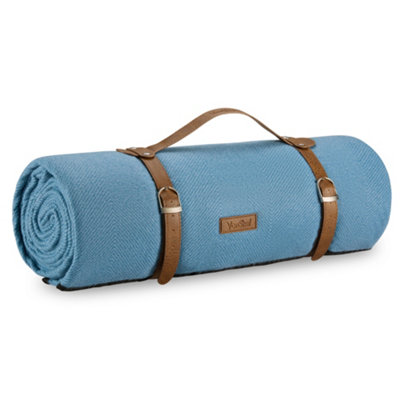 Vonshef Blue Picnic Blanket, Herringbone Outdoor Rug With Waterproof Backing, 8 Person Weatherproof Picnic Mat Large