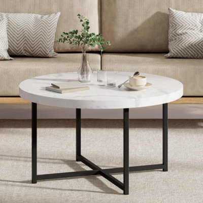 B&Q -  Mosley Marble Look Coffee Table For Living RoomRound Living Room Table White Grey Marble DesignModern Centre Table