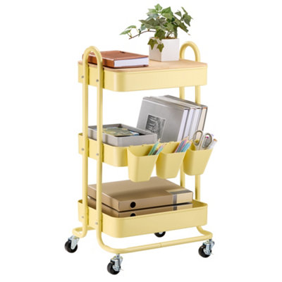 Vonhaus Yellow Storage Trolley3 Tier Bathroom Storage With 4 WheelsKitchen Trolley With Steel Frame & Solid Bamboo Lid