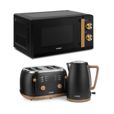 Vonshef Microwave Kettle Toaster Set1.7L Rapid Boil KettleWide Slot Toaster And 4 Slice 20L MicrowaveFika RangeBlack from B&Q