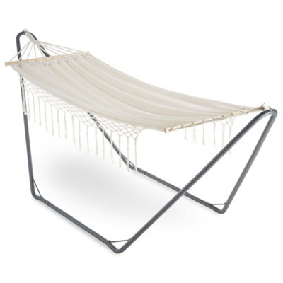 Vonhaus Boho Fringe Hammock With Frame, 1 Seater Garden Hammock With Stand, Freestanding With Powder Coated Steel Frame Beige