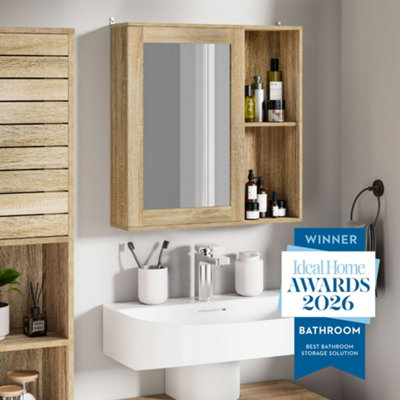 Vonhaus Brown Chester Oak Wood Effect Bathroom Mirror Cabinet - Image 8