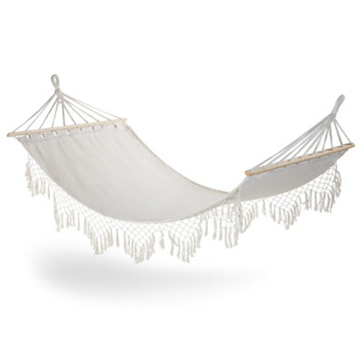 Vonhaus 1 Seater Hammock, Boho Garden Hammock With Fringe & Rope Attachments, Freestanding 1 Person Hammock, Single Travel Hammock Ivory