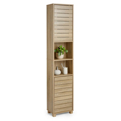 Vonhaus Tall Bathroom CabinetOak Wood Effect Bathroom Tallboy UnitSlatted Bathroom Storage For Kitchen And HallwayChester from B&Q