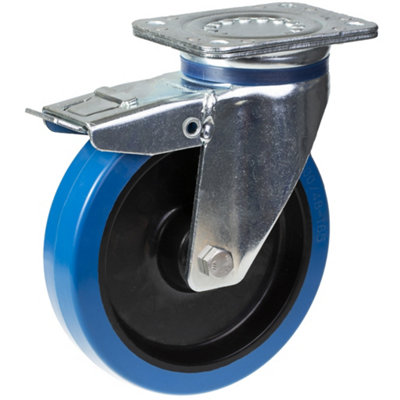 B&Q -  200mm Swivel/brake Castor With Blue Elastic Rubber On Nylon Centre Wheel