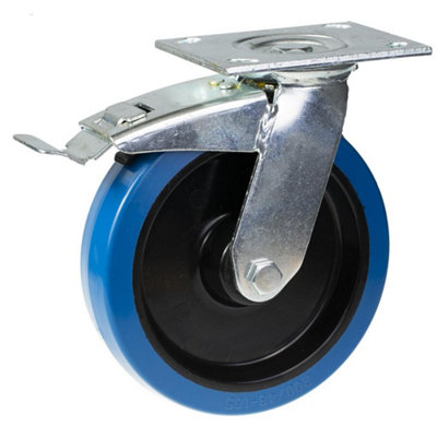 Parnells 200Mm Swivel/Brake Castor With Blue Elastic Rubber On Nylon Centre Wheel B&Q