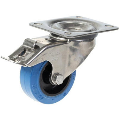 Parnells 80mm Stainless Steel Swivel/brake Castor With Blue Elastic Rubber On Nylon Centr from B&Q