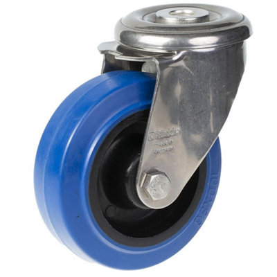 Parnells 100mm Stainless Steel Swivel Castor With Blue Elastic Rubber On Nylon Centre Whe from B&Q