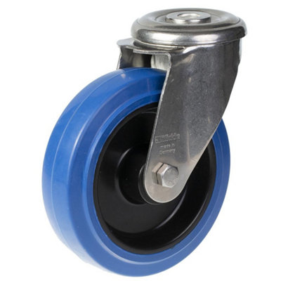 B&Q -  125mm Stainless Steel Swivel Castor With Blue Elastic Rubber On Nylon Centre Whe