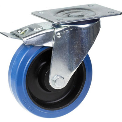 B&Q -  200mm Swivel/brake Castor With Blue Elastic Rubber On Nylon Centre Wheel