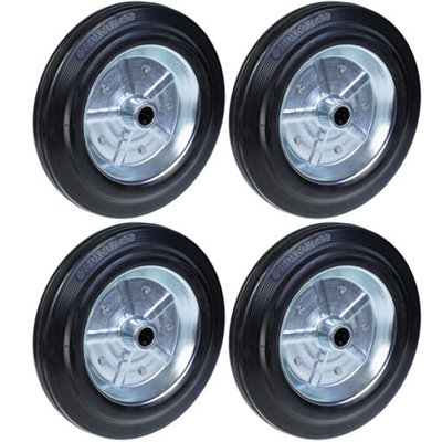 B&Q -  250mm 10" Black Rubber Wheel With Pressed Steel Centre Bore 20mm 210KgSet Of
