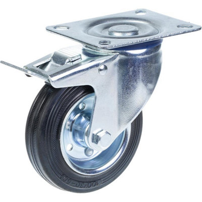 B&Q -  100mm Swivel/brake Castor With Black Rubber On Pressed Steel Centre Wheel