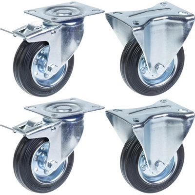 Parnells 100mm 4" Castor Rubber TyreBrake & FixedStrong 360Kg CapacitySet Of 4 from B&Q
